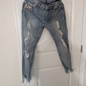 Embellished Distressed Blue Jeans
